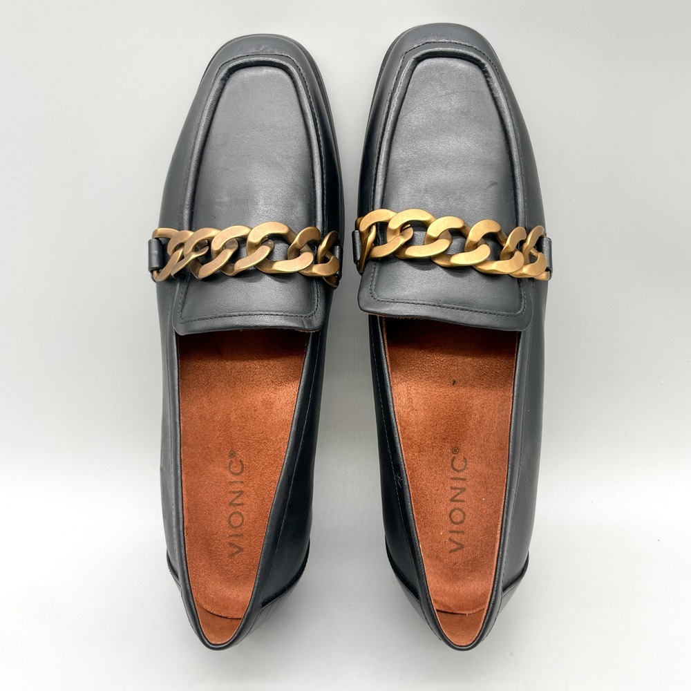 Vionic Black Leather Loafers with Brass Chain Accent - Picture 9 of 12